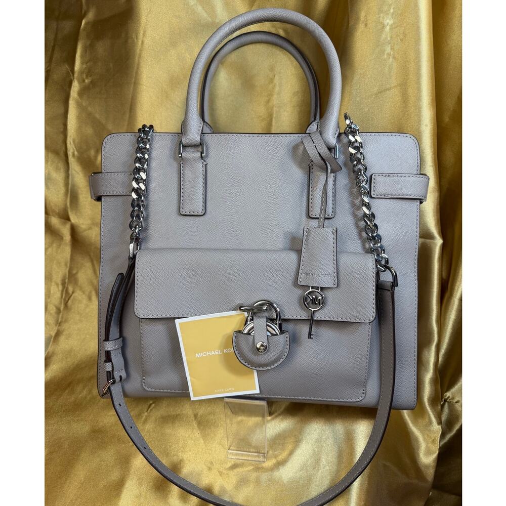 Michael Kors Emma Large NS Saffiano Leather Tote Satchel Pearl Gray Lock & Key